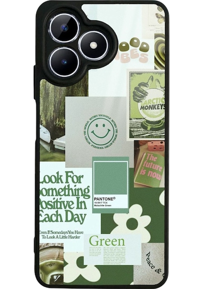 Oppo Realme Note 50 Green Sticker Tasarımlı Glossy Telefon Kılıfı Siyah