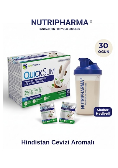 Nutripharma Quick Slim Whey Proteinli Öğün Tozu - Hindistan Cevizi Aromalı 30 Saşe + Shaker Hindistan Cevizi