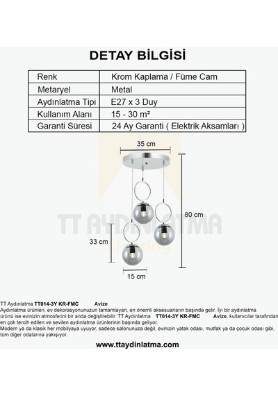 Tt014-3Y Kr Tt Aydınlatma Krom Kaplama Füme Camlı 3 Lü Yuvarlak A