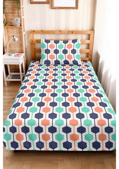 Geometrik Lacivert Genç Odası Tek Kişilik Pike Takımı - Mint Somon 160x220 Cm Kapitone Yatak Örtüsü Altın