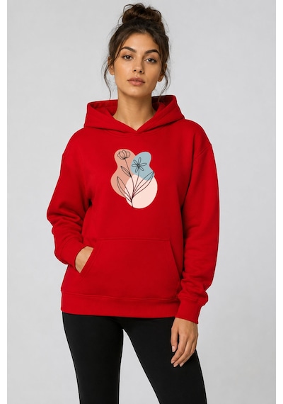 Herkesemoda Çiçek Baskılı Kapüşonlu 2 İplik Şardonlu Sweatshirt Kırmızı