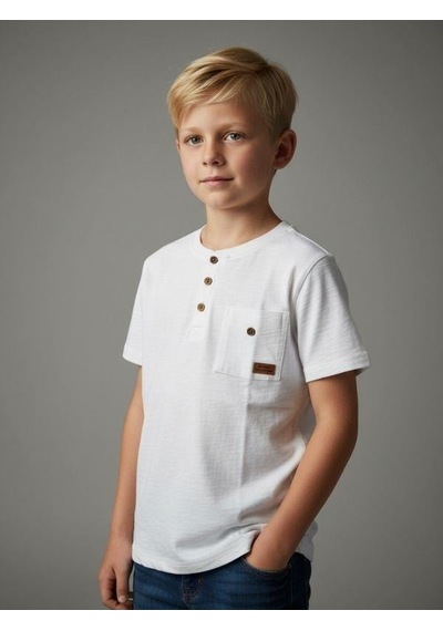 Zekids Erkek Çocuk Pamuklu Düğmeli Basic T-shirt-16780 Ekru