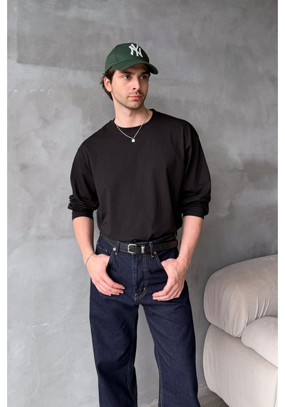 Erkek Oversize Uzun Kollu Basic T-shirt Siyah