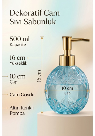 Boby Diamond Küre Cam Sıvı Sabunluk Gold Pompalı Kristal Desenli Dekoratif Banyo Ve Mutfak Dispenseri - 16 Cm X 10 Cm - 500ml - Mavi