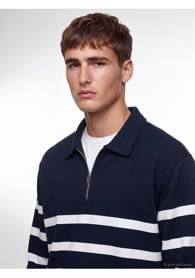 Lcw Vision Lacivert Polo Yaka Çizgili Erkek Sweatshirt