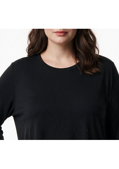 Gala-xi Kadın Büyük Beden Bisiklet Yaka Uzun Kollu Delikli Detaylı T-shirt Siyah