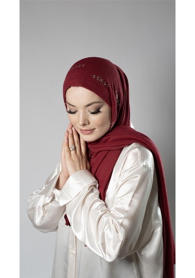 Hürrem Bone Bordo Pratik Hazır Geçmeli Tesettür Şal Örme Kumaş Taşlı Yıldız Desenli 2118y 16