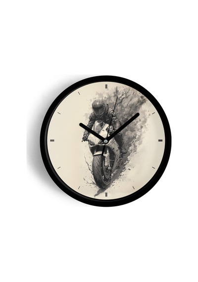 Motorcu Modern Duvar Saati - 25cm - Önü Camlı Siyah Kasa - Sessiz Mekanizma-jh1064 Siyah