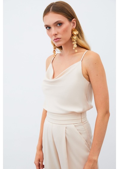 Sateen Degaje Yaka Saten Bluz - Bej-133348 Bej