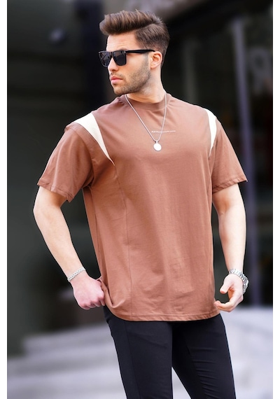 Madmext Kahverengi Oversize Bisiklet Yaka Tişört 7003-kahverengi Kahverengi