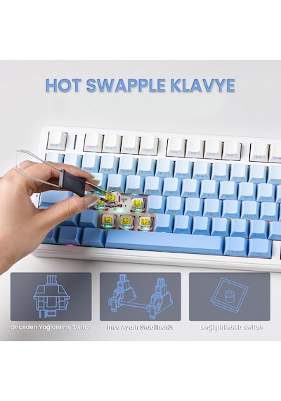 Aula F99 Pro 3 Modlu Rgb Hot Swap Mekanik Nimbus V3 Switch Kablosuz Makrolu Klavye Gradyan Mavi