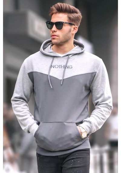 Madmext Füme Kapüşonlu Renk Bloklu Erkek Sweatshirt 6024 Füme