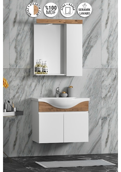 Yıldız 55 Cm Beyaz-atlantik Çam Mdf Seramik Lavabolu Asma Banyo Dolabı Takımı