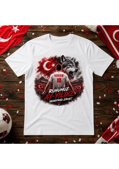Bk Gift Kişiye Özel Türkiye Taraftar Temalı 2026 Dünya Kupası Tasarımlı Tişört-4, Tek Yürek Milli Takım Ruhu Beyaz
