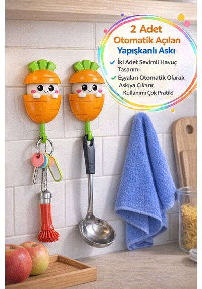 2 Li Havuç Askı Otomatik Açılan Yapışkanlı Duvar Askısı Anahtar Havlu Tutucu Organizer Diğer