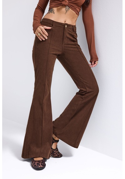 Kadın Kahve Flare Fit Pürüzsüz Dokulu Esnek Velvet Kadife Kumaş Pantolon