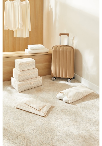 Ocean Home Textile 6'lı Yıkanabilir Bej Dama Desen Pamuklu Bavul İçi Düzenleyici Set Bej