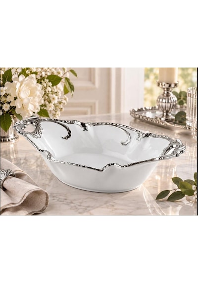 Roykıng Camelıa Gümüş Kulplu Oval Derin Sunum Tabağı 34x19x7 Beyaz