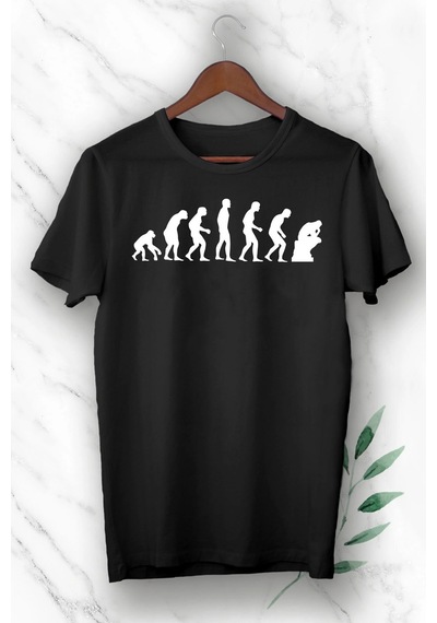 Unısex Beyaz Evolution Evrim Baskılı Tişört Siyah
