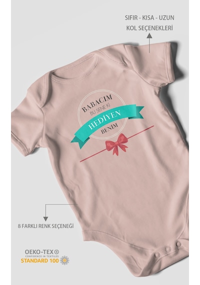 Babacım Bu Sene Ki Hediyen Benim Baskılı Bebek Zıbını Çıtçıtlı Body 8 Renk %100 Pamuk Kısa Kol Pastel Pembe