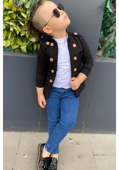 Riccotarz Erkek Çocuk Omzu Ve Ceket Yakası Düğme Detaylı Cepli Blazer Ceketli Siyah Alt Üst Takım 001 Riccotarz Erkek Çocuk Omzu Ve Ceket Yakası Düğme Detaylı Cepli Blazer Ceketli Siyah Alt Üst Takım 001