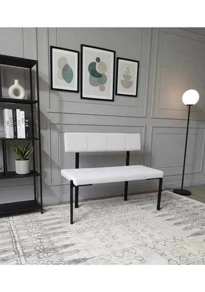 Özcan Metal Metal Siyah Ayaklı Sırtlı Mutfak Salon Antre Yatak Odası Balkon Puf Bank Oturak Bench Beyaz