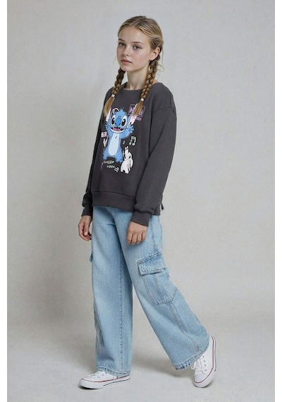 Defacto Kız Çocuk Disney Lilo & Stitch Relax Fit Bisiklet Yaka Sweatshirt F3410a825auar31 Antrasit