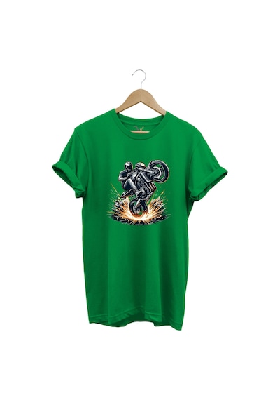 Racing Motosiklet Baskılı Ön Kaldıran Motorcu %100 Pamuk Regular Fit Unisex T-shirt Yeşil