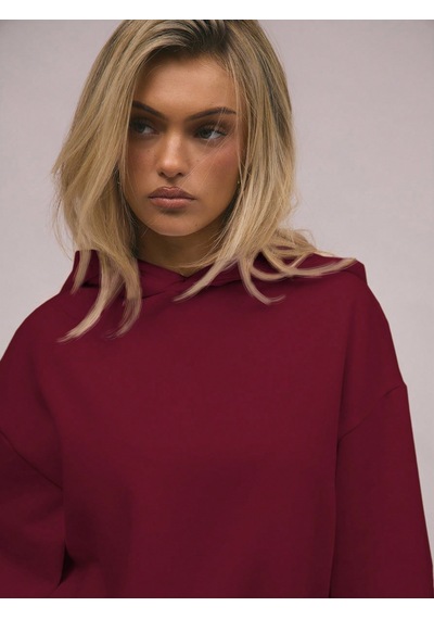 Macklin Unisex Kadın Erkek Baskısız Rahat Kalıp Oversize 3 İplik Kapüşonlu Hoodie Ve Baggy Eşofman Altı Bordo