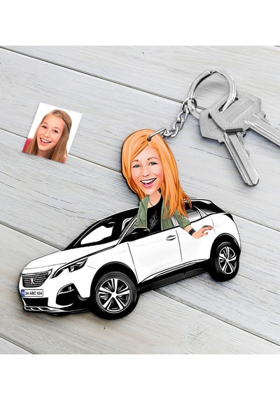 Kişiye Özel Bayan Peugeot 5008 Figürlü Plakalı Ahşap Karikatür An