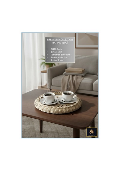 %100 Doğal El Yapımı Çok Amaçlı Dekoratif Şık Rattan Tepsi 38 Cm, 1. Sınıf, Dekoratif
