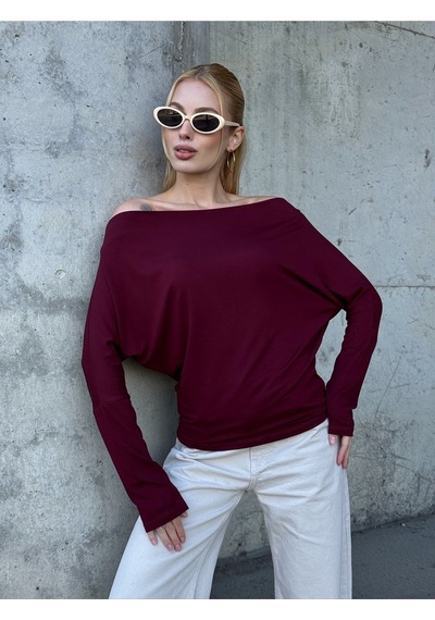Mamayaga Kadın Kayık Yaka Full Esnek Asimetrik Kesim Comfort Spor Şık Tasarım Yumoş Bluz Bordo