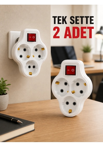 2 Li Set Anahtarlı 3 Lü Priz Çoğaltıcı Direkt Prize Takılan Kablosuz Çoklayıcı 1