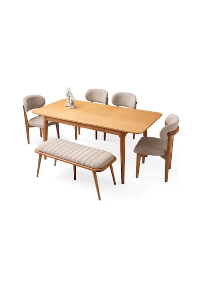 Ahşap Salon Yemek Masa Sandalye Takımı Ortadan Açılır Büyüyen 4 Sandalye 1 Bench