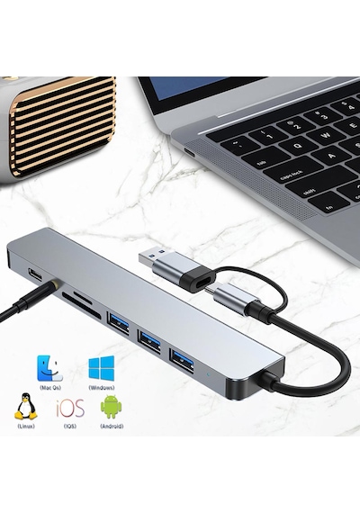 Apera MT96 OTG Kablolu Çoklayıcı Type-C USB Girişli 8in1 Adaptör Hub Çoğaltıcı Kart Okuyucu Aux