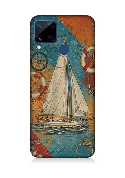 Realme C15 Uyumlu Retro Efekte Yelkenli Kompozisyonu Desenli Silikon Kılıf Çok Renkli