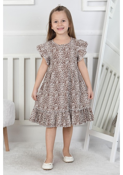 New Kids Leopar Desenli Kız Çocuk Elbise-90721 Kahverengi