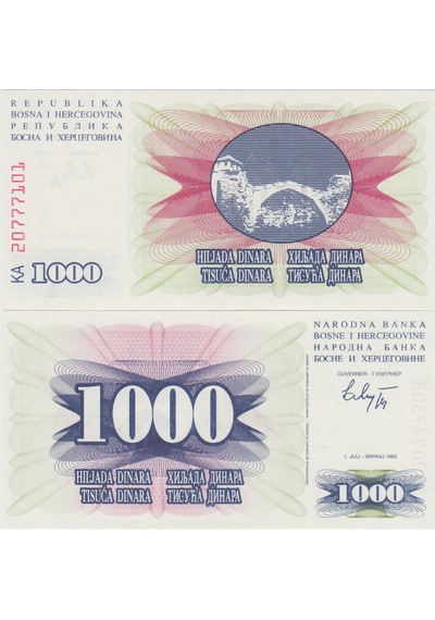 Bosna Hersek 1000 Dinar 1992 İç Savaş Dönemi. Çil.