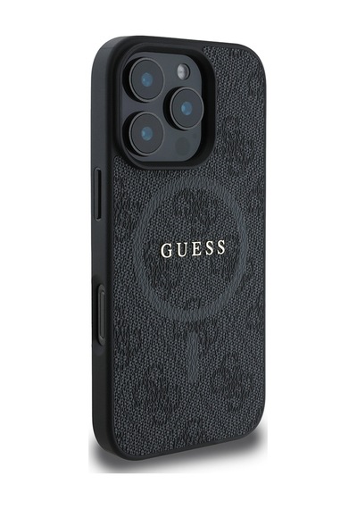 Apple Uyumlu iPhone 16 Pro Max Guess Lisanslı Halkalı Magsafe Şarj Özellikli 4g Desenli Yazı Logolu Kapak Siyah