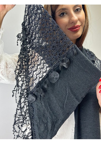 Gönülden Tasarım 170x45 Cm Siyah Triko Parlak Püsküllü Kadın Fular Şal Renkli