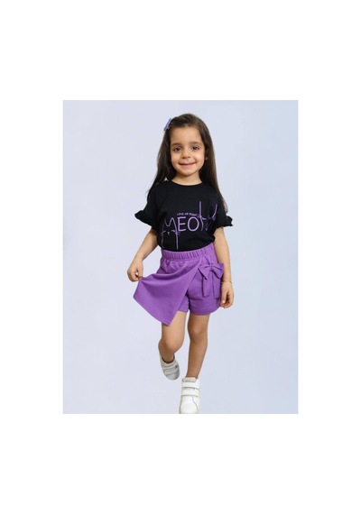 Barbosa Kız Çoçuk 2'li Pamuklu T-shirt Şort Etek Takım Mor-siyah