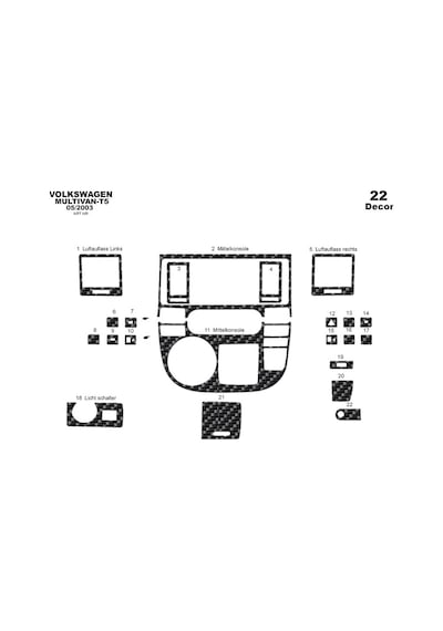 Volkswagen T5 Multivan Torpido Kaplama 2003-2009 22 Parça Karbon