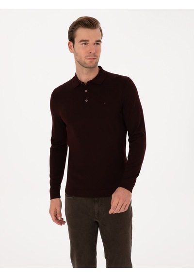 Cacharel Bordo Slim Fit Yün Karışımlı Polo Yaka Basic Triko Kazak Kırmızı