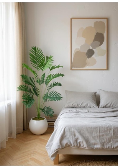 Yapay Ağaç 23 Yaprak Palmiye Ağacı Beyaz Küre Saksıda 90 60cm