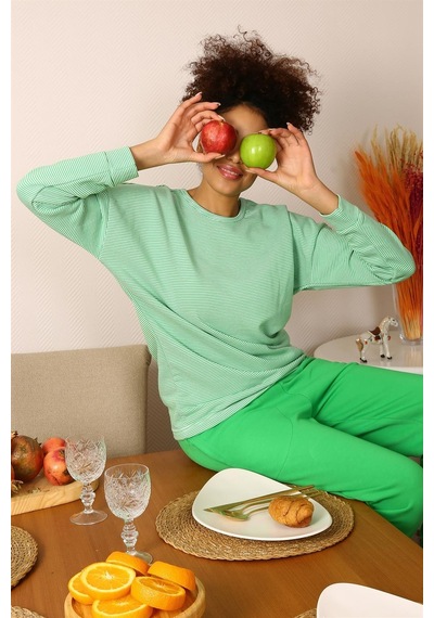 Akbeniz Kadın Uzun Kol 3 İplik Penye Pijama Takım 4191 - L Yeşil