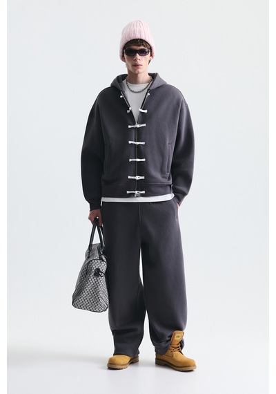 Süslü Düğme Sweatshirt Ve Barrel Fit Eşofman Takım Füme