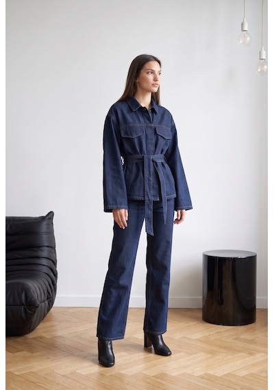 Unika Boutique Kadın Kuşaklı Denim Ceket Ve Pantolon Takım Çok Renkli