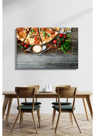 Pizza Domatesler Roka Soslar İştah Açıcı Bir Yemek Kompozisyonu Yatay Kanvas Tablo 3971