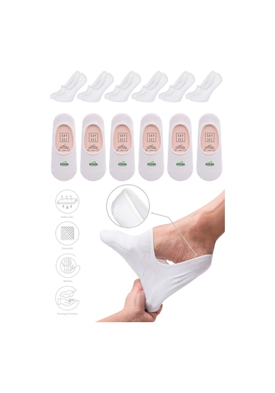Saysez Bambu Kadın Babet Beyaz Çorap Dikişsiz Kaydırmaz Silikonlu 6'lı Beyaz