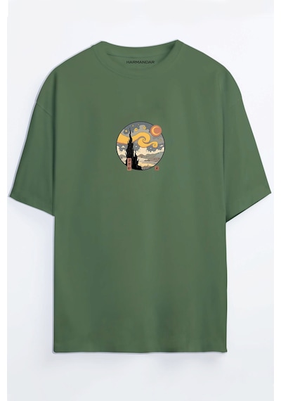 Yıldızlı Gece Tablosu Unisex Haki Oversize T-shirt Haki